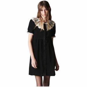 UNIF Blair Babydoll Mini Dress in Black cotton-velvet Peter Pan Collar Size L